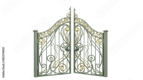 An ornate wrought iron gate open and isolated on a white background