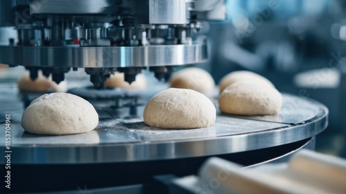 Bakery automation machine processing dough for production line close up view
