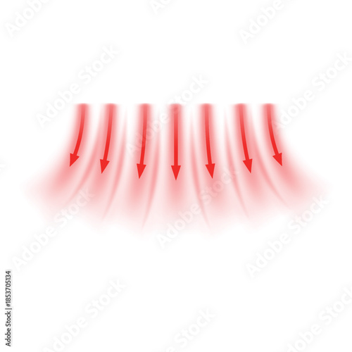 Hot air flow, red arrows showing wind direction of air movement, vector warm blur stream motion from an air heater