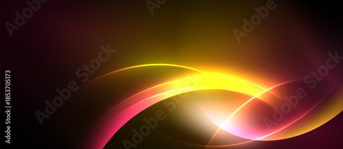 Abstract vibrant light curves radiate, blending yellow, pink, white hues. Dark background emphasizes glowing energy, creating dynamic visual effect.