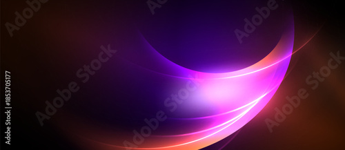 Abstract flowing shapes, vibrant purple hues dominate. Light streaks create dynamic energy, dark background emphasizes luminosity.