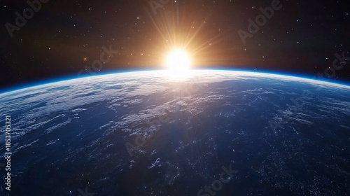 Blue sunrise view of earth from space 4k dramatic space scene showing the curved horizon of Earth illuminated by a brilliant blue sunrise, Generative AI © Waqar