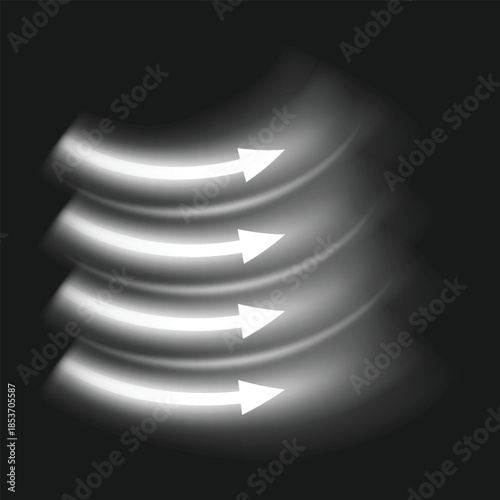 Air flow direction arrows, white, transparent effect, left to right, circulation, climate control.