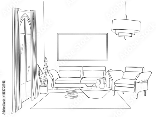 Sketchy illustration of living room interior.Vector hand drawing	