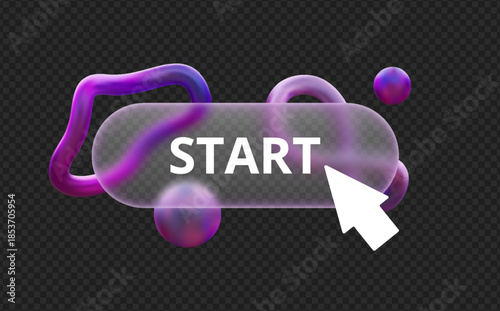 3D glass morphism START button, vector UI, UX interface, transparent matt plate, arrow, purple gradient floating spheres