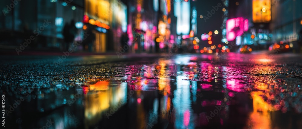 Fototapeta premium Night city street scene with wet ground reflecting neon lights and blurred background
