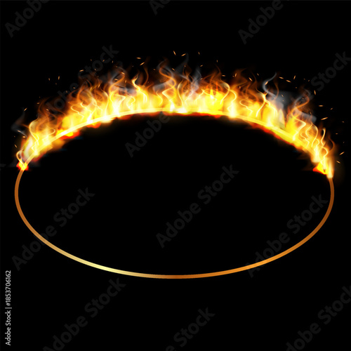 Fire frame in the shape of ring, oval fiery frame, burning clipping mask round border, vector gold frame light effect