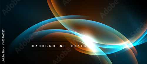 Abstract flowing shapes, vibrant colors, dark background. Light flares create dynamic visual effect. Modern design element.