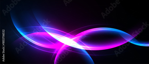 Abstract flowing lines, vibrant purple, blue hues. Bright white center creates dynamic visual impact. Dark background emphasizes luminosity.