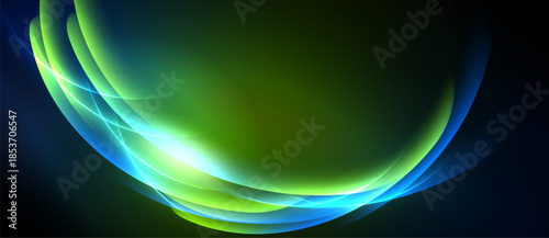 Abstract design features flowing curves, vibrant green, blue hues. Light radiates from center, creating dynamic visual effect.