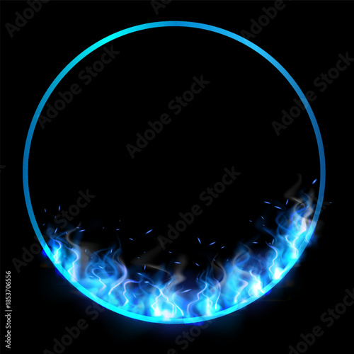 Fire frame in the shape of ring, vector blue circle fiery frame, burning clipping mask round border light effect