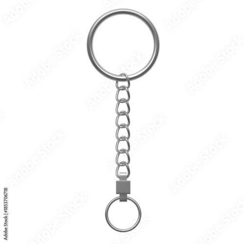 Silver keychain, vector 3D realistic metallic keychain with straight chain and ring, keys and pendant steel keyholder