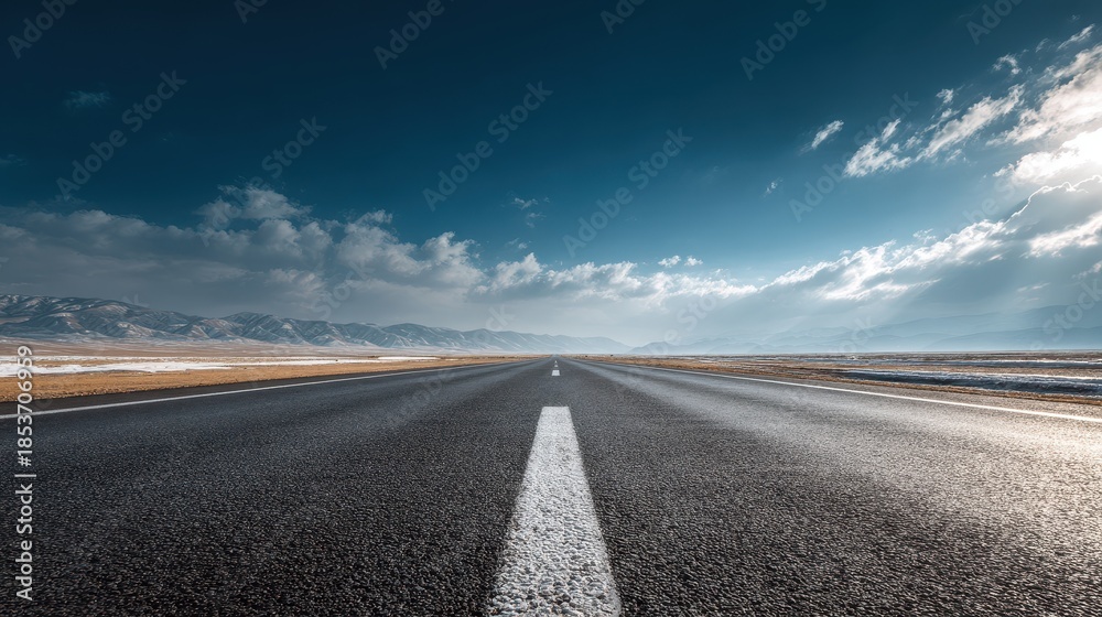 Fototapeta premium Long Straight Asphalt Road with Distant Mountains and Dramatic Sky