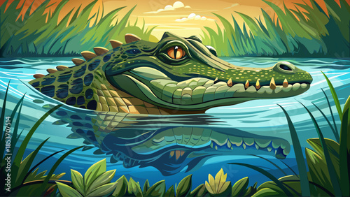 Very beautiful close view of a crocodile partially submerged in calm water, highlighting natural textures, aquatic habitat behavior, and wildlife presence within a controlled natural environment.