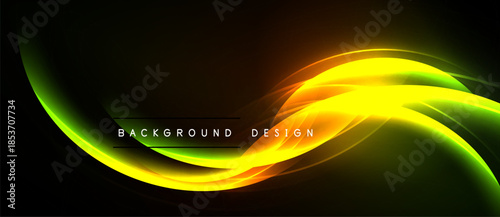 Abstract vibrant waves, yellow, green hues. Dark background creates dynamic visual effect. Text reads background design.