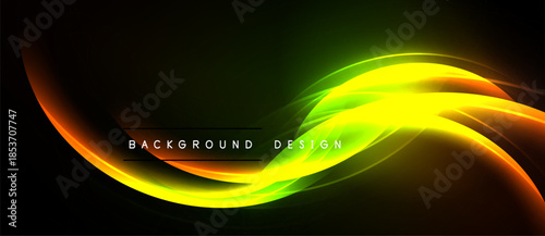 Abstract dynamic lines create vibrant energy. Yellow, green, orange hues blend against black backdrop. Modern design element.