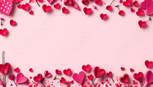 Red and pink heart shapes forming a romantic frame on a soft pink background with copy space for valentine love and celebration themes.
