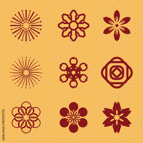 Set of floral icon japanese pattern with gold background