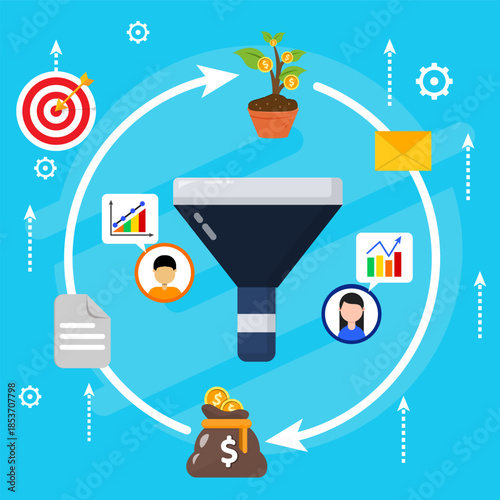 Flat illustration of business sales and marketing funnel process showing lead conversion, analytics, growth cycle, revenue optimization, customer journey, and performance strategy concept