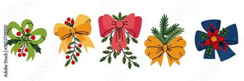 set of flat Christmas bows with berries, fir branches, poinsettia flowers, holly leaves. collection of decorative ribbons for festive greeting cards, seasonal gift wrapping, or winter holiday graphics