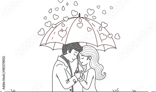Loving couple shares a tender moment beneath a red umbrella while hearts rain down in sweet romance