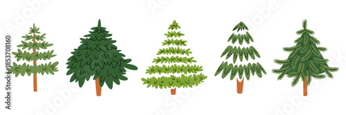 set of flat, multicolored Christmas trees set against a white background. Hand-drawn evergreen elements for holiday greeting cards, winter seasonal decor, or nature-themed graphic design