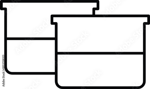 Minimalist black line art illustration of two glass laboratory beakers partially filled with liquid representing chemistry research and scientific experimentation