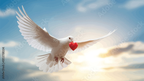White dove flying across a bright blue sky carrying a small red heart in its beak