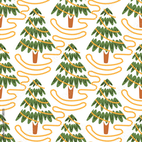 Seamless pattern with flat Christmas trees and golden bead garlands. Festive evergreen forest design for holiday wrapping paper, seasonal textile prints, or winter celebration backgrounds