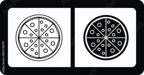 Minimalist pizza line art vector icon set featuring whole sliced pepperoni pizza in outline and solid black styles for restaurant menus.