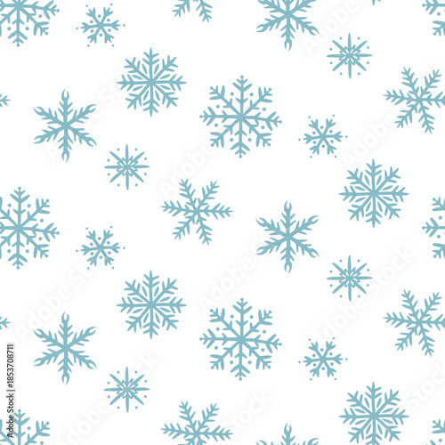 Seamless pattern with flat blue snowflakes of various shapes, different sizes are chaotic. Minimalist winter design for wrapping paper, Christmas gifts, seasonal textile prints holiday digital images