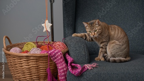 Cat on Chair near Yarn and Star Ornament
