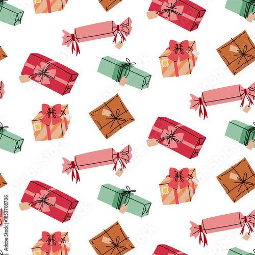 Seamless pattern of their flat colorful variety of gift boxes in the shape of a rectangle, a candy, a package. Holiday design for wrapping paper, seasonal prints on textiles or for winter holidays.