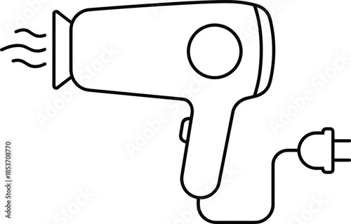 Professional hair dryer line art vector icon with electric plug and hot air steam for beauty salon hair care and grooming.