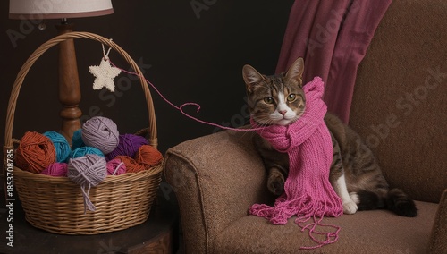 Cat with Pink Scarf on Chair Near Yarn Basket