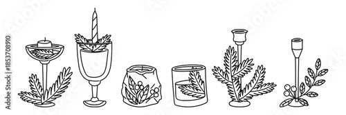 Set of flat contour Christmas candles and holders decorated with evergreen branches and berries. Cozy holiday collection for winter greeting cards, festive home decor, or seasonal graphic design