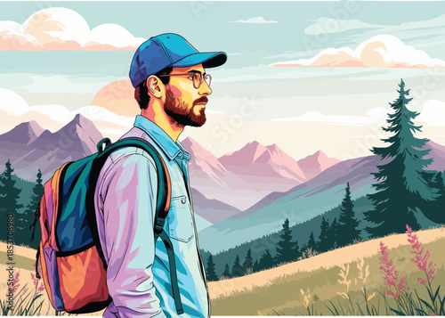 056-49-Young man hiker looking at mountain panorama, enjoying outdoor adventure