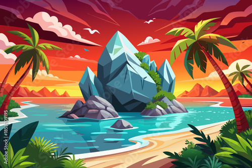 island beach bordered by dense jungle vegetation meets crystal clear sea water, creating a lush tropical coastal ecosystem.