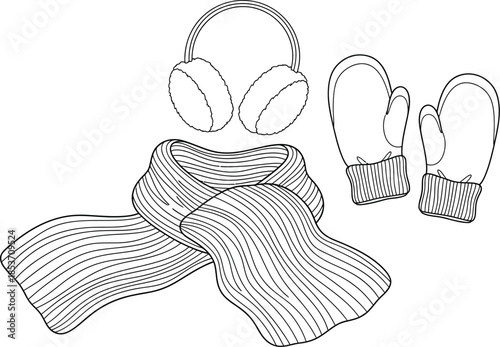 Black and white line art drawing of cozy winter accessories including earmuffs scarf and mittens