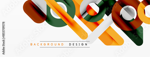 Abstract geometric shapes overlap, creating dynamic modern background. Orange, green, white hues dominate design. Minimal text present.