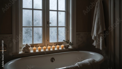 Bathroom with candles and frosted window