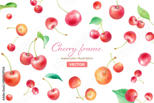 水彩のさくらんぼ フレームイラスト　中央空白の装飾素材 PNG ベクター
