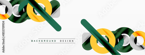 Abstract geometric shapes overlap, creating dynamic visual pattern. Silver, green, yellow hues dominate minimalist design.