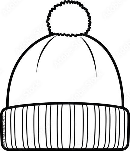 Simple black and white outline drawing of a knitted winter beanie hat with a pom pom top