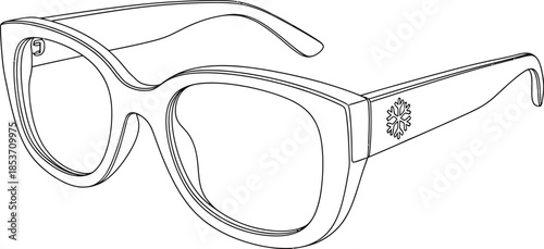 Black and white line drawing of stylish square frame eyeglasses featuring a snowflake detail on the temple arm