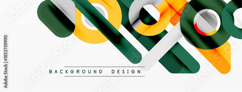 Abstract geometric shapes overlap, creating dynamic visual effect. Yellow, green, gray colors dominate design. Modern style.