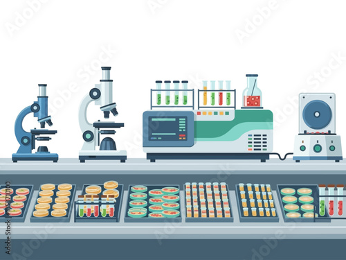 Laboratory equipment and samples on display.