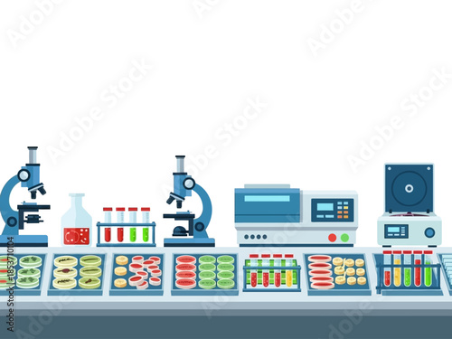 Laboratory equipment and scientific research tools on a table.