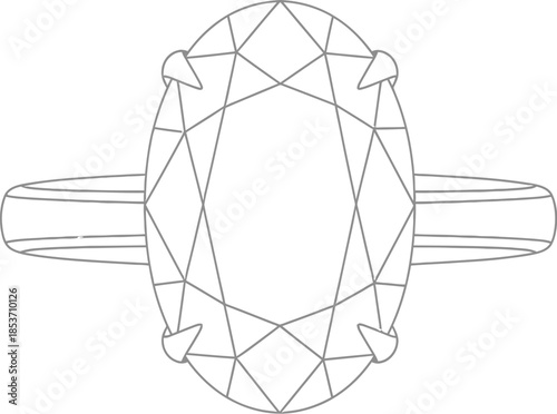Simple black and white line art drawing of an oval cut solitaire engagement ring design template