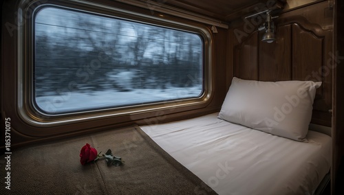 Train Cabin with Rose and View of Snowy Landscape